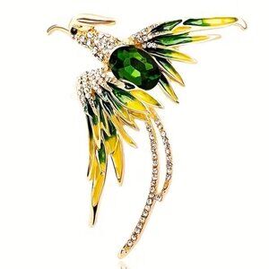 Phoenix Brooch Colorful Enamel Green Emerald Gold Plated Trendy Glam Stylish